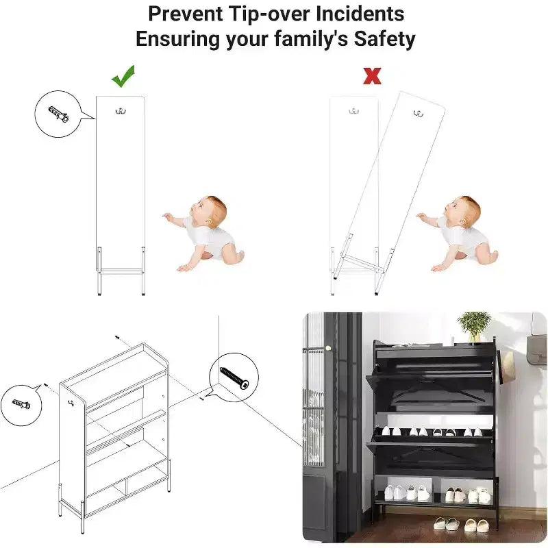 Meuble à chaussures Acekool avec 2 tiroirs basculants et rangement ouvert, pieds de support réglables, poignées métalliques, organisateur d'entrée