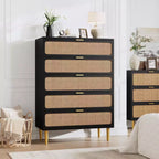 Commode à 5 tiroirs en rotin GustoWave pour chambre à coucher, commode haute avec tiroirs profonds, grande commode pour placard avec plateau large, longue commode en bois