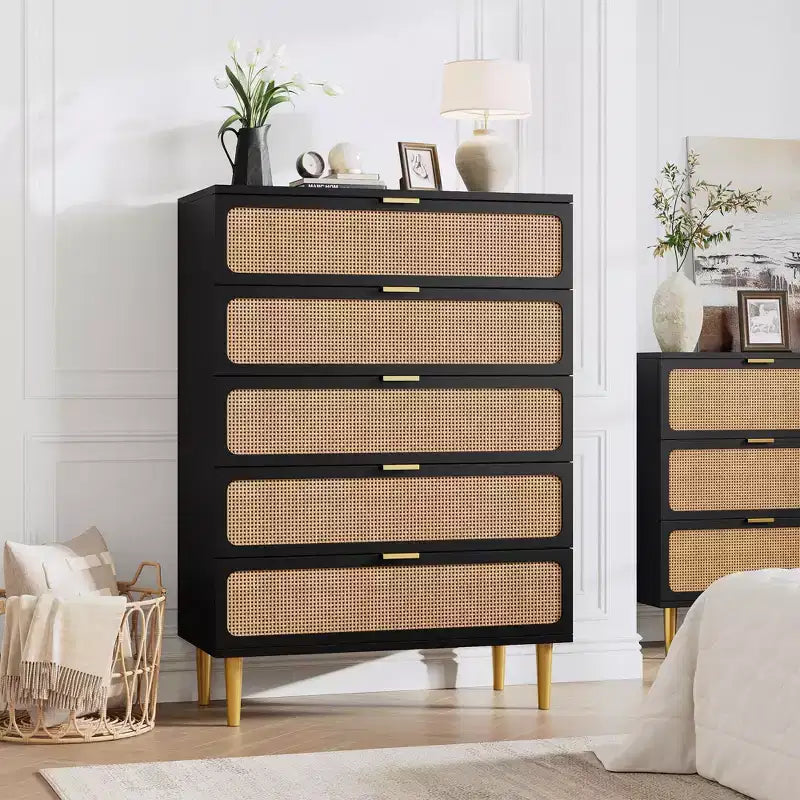 Commode à 5 tiroirs en rotin GustoWave pour chambre à coucher, commode haute avec tiroirs profonds, grande commode pour placard avec plateau large, longue commode en bois