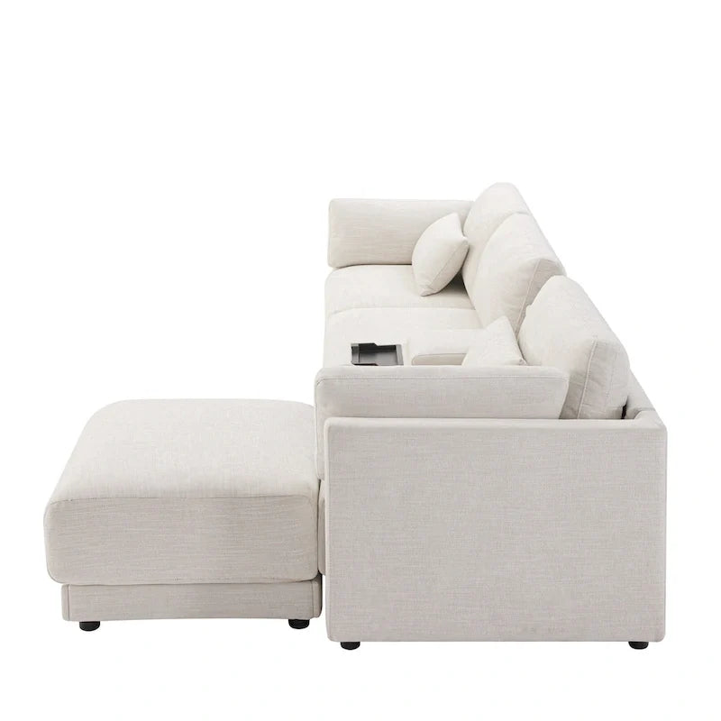 Canapé d'angle 4 places en chenille 124 avec console de rangement et port USB