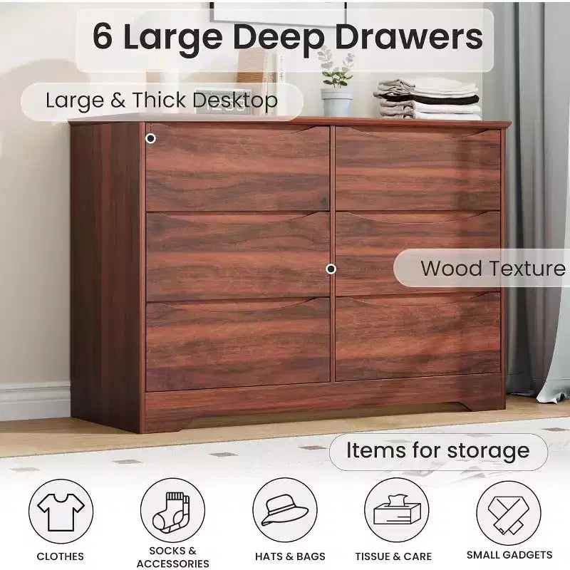Commode en bois avec 6 tiroirs, commode de rangement longue, meuble de rangement moderne, pour chambre à coucher, salon