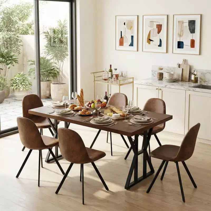 Table à manger industrielle FurnitureR avec plateau aspect bois et base métallique en forme de X, table rectangulaire de taille fixe pour salle à manger ou cuisine