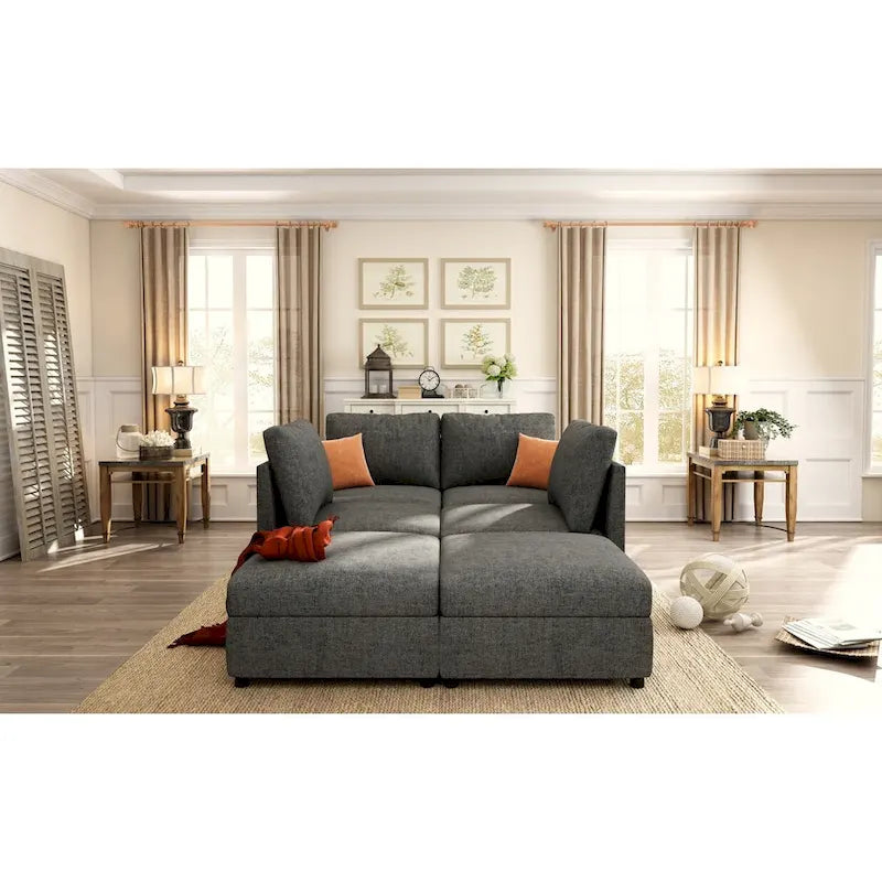 Canapé d'angle modulable 4 places en U gris 123 avec poufs de rangement