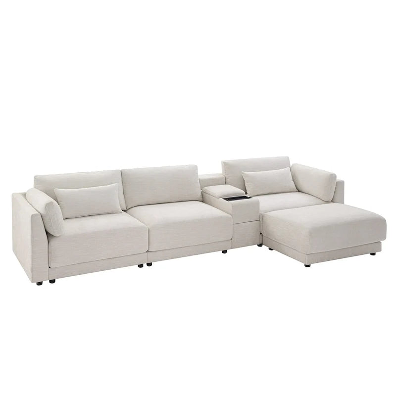 Canapé d'angle 4 places en chenille 124 avec console de rangement et port USB