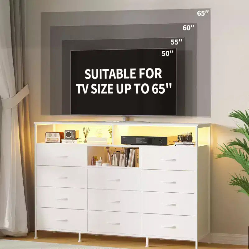 COZONY Meuble TV 55 avec commode en tissu 11 tiroirs et étagères ouvertes, organisateur de rangement pour chambre et salon