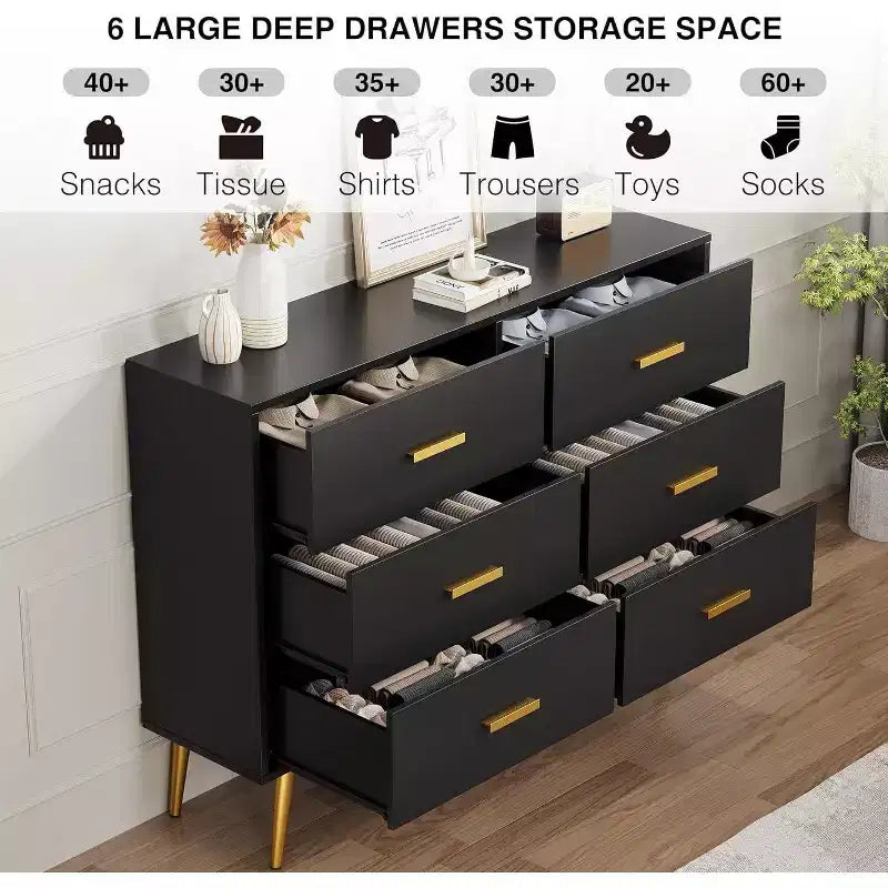 Commode moderne à 6 tiroirs avec espace de rangement, commode en bois avec poignées dorées, commode avec tiroirs profonds pour chambre à coucher, salon, bureau