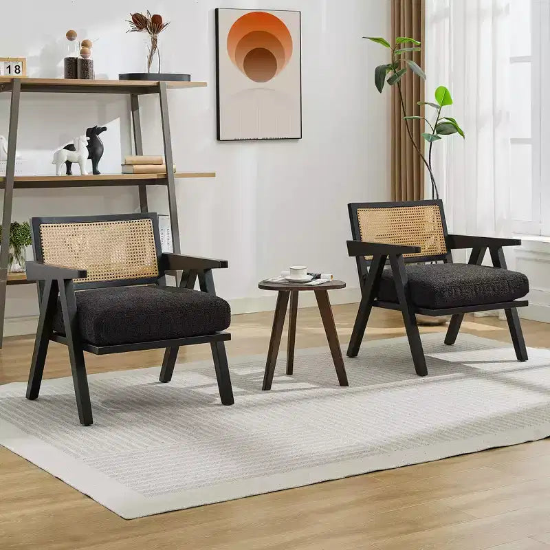 Fauteuil d'appoint de ferme du milieu du siècle - Fauteuil en bois avec dossier en rotin et coussin en lin pour salon, chambre