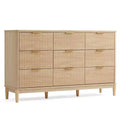 Commode à 9 tiroirs cannelés pour chambre à coucher, grande commode de style moderne du milieu du siècle avec poignées en métal doré, larges commodes en bois de style bohème
