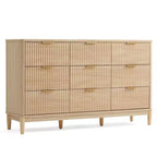 Commode à 9 tiroirs cannelés pour chambre à coucher, grande commode de style moderne du milieu du siècle avec poignées en métal doré, larges commodes en bois de style bohème
