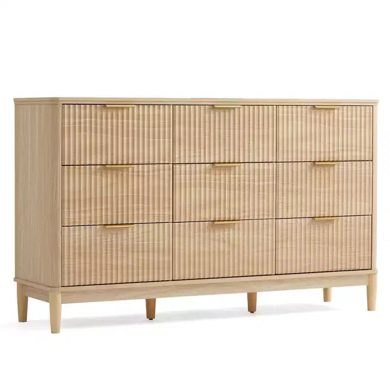 Commode à 9 tiroirs cannelés pour chambre à coucher, grande commode de style moderne du milieu du siècle avec poignées en métal doré, larges commodes en bois de style bohème