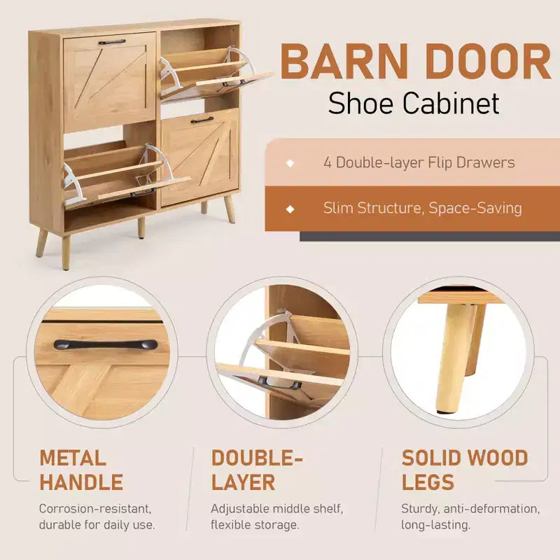 Karl Home Armoire à chaussures 4 portes réversibles noires en aggloméré gaufré avec pieds naturels 105,9 cm Bois naturel