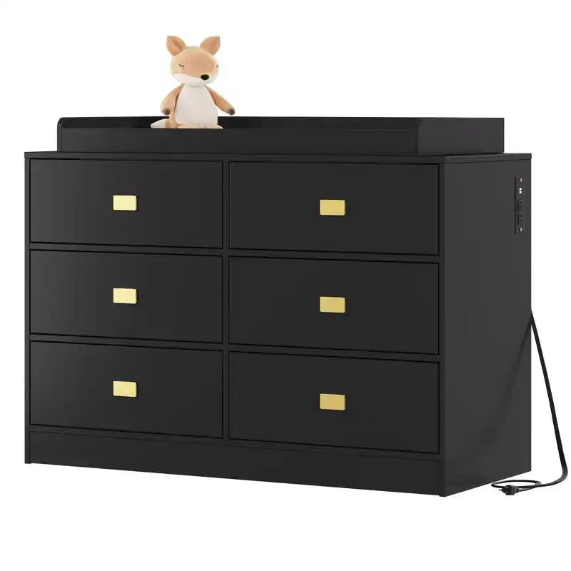 Commode de chambre d'enfant Coolmee avec plan à langer, commode bébé à 6 tiroirs avec kit anti-basculement, plateau étanche et rails de sécurité pour l'organisation du rangement