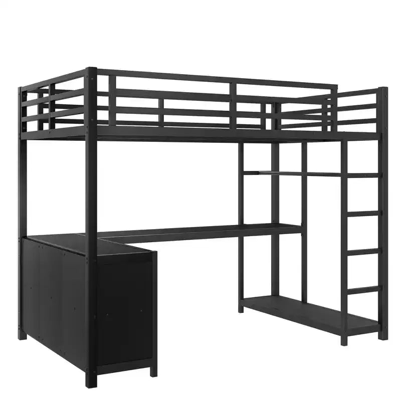 Lit mezzanine en métal Queen Bellemave avec bureau en L et armoire, lit mezzanine peu encombrant avec étagères de rangement et garde-corps, noir