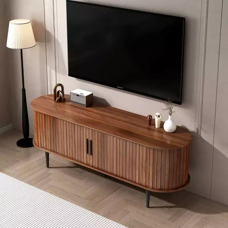 JVNOXK 55 Table de Console TV Moderne avec Compartiment de Rangement et Porte Coulissante - Meuble TV-Hifi Noyer pour Salon, Chambre, Bureau