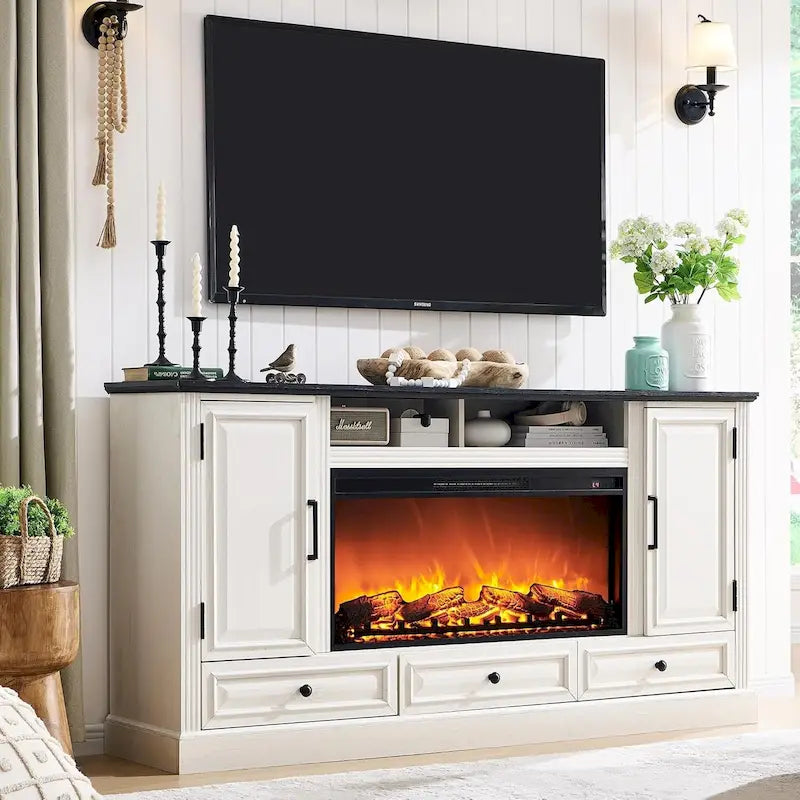 Meuble TV de cheminée de ferme pour téléviseur de 80 pouces, Centre de divertissement
