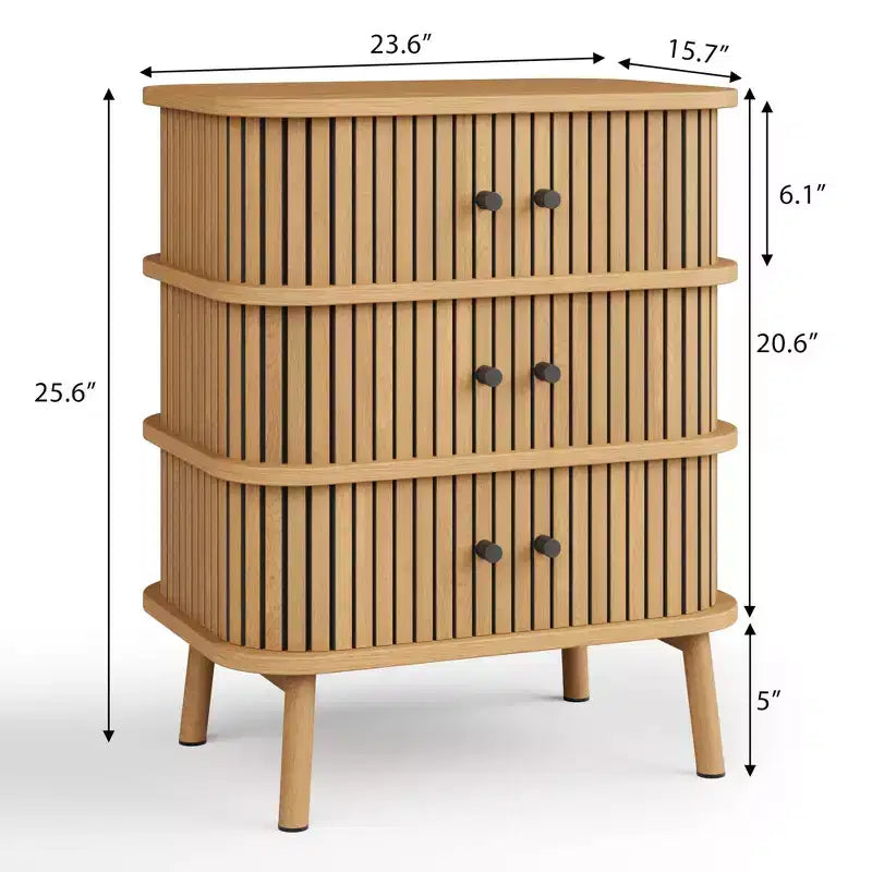 Meuble de rangement, commode à 3 tiroirs Mid-Century Modern avec porte coulissante, osier naturel et pieds en bois pour chambre à coucher ou salon