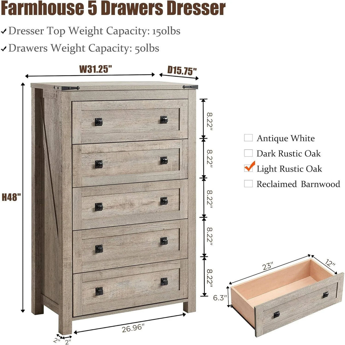 Commode en bois de style campagnard, 5 tiroirs, 122 cm de hauteur, pour chambre à coucher