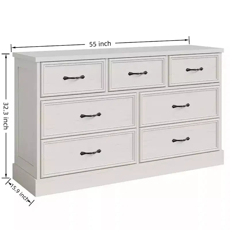 Commode de Ferme à 7 Tiroirs, 140 cm de Large, Rangement à 7 Tiroirs avec Base Robuste, Meuble TV en Bois Blanc pour Chambre, Salon, Chambre d'Enfant