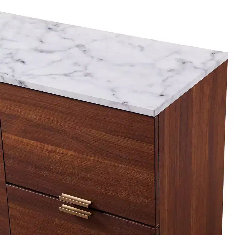 Buffet Ashton avec plateau en faux marbre Noyer – Teamson Home : Rangement Mid-Century, Pieds en laiton, Poignées en métal