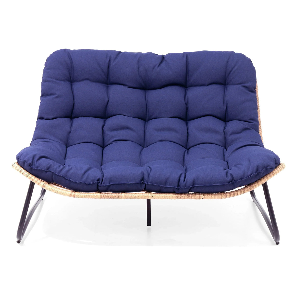 Causeuse double Papasan avec coussin, rotin PE tout temps et cadre en métal pour l'intérieur et l'extérieur