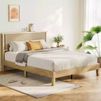 Cadre de lit plateforme Dyonery Queen Size en rotin et bois - Tête de lit bohème naturelle, lattes en bois robustes, silencieux, aucun sommier tapissier requis, poids maximal de 360 kg