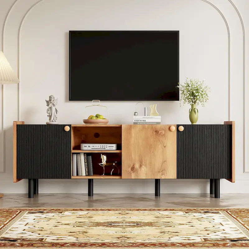 Meuble TV Mid-Century avec 3 armoires, console multimédia pour téléviseurs jusqu'à 70 pouces, centre de divertissement avec rangement