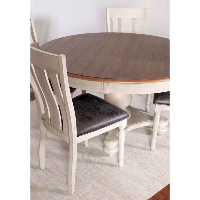 Ensemble de salle à manger Roundhill Furniture Arch en chêne vieilli : table ronde, quatre chaises