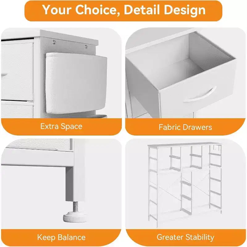 Commode, Tour de rangement à 10 tiroirs - Meuble TV avec bacs en tissu, cadre en acier, plateau en bois pour chambre à coucher, chambre d'enfant