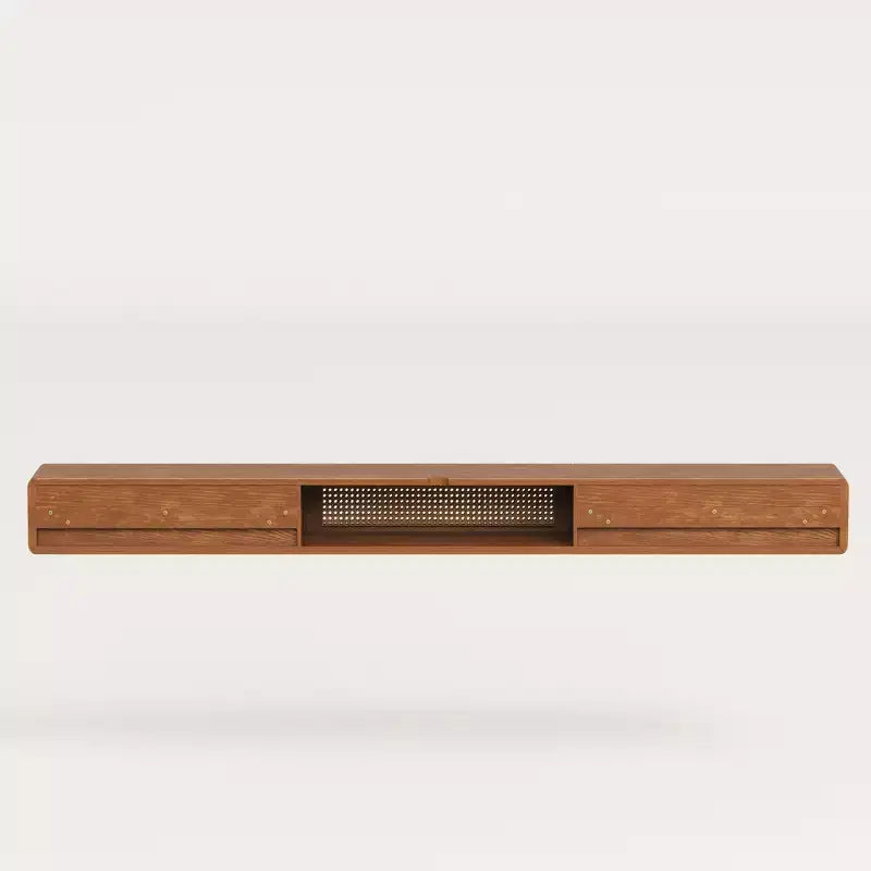 Meuble TV flottant de 78,74 po pour téléviseur de 85 po, console multimédia murale avec porte en rotin et tiroirs, étagère de divertissement moderne Gaoyangjiaju