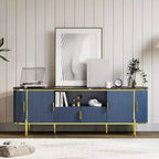 Meuble TV cannelé COZONY de 178 cm pour téléviseurs jusqu'à 80 pouces, console multimédia avec plateau en faux marbre et portes coulissantes