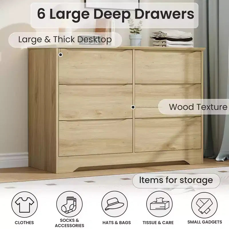 Commode haute et moderne à 6 tiroirs en bois avec plateau large - Chiffonnier à grande capacité pour Chambre, Salon, Couloir et Rangement de Chambre d'Enfant