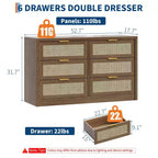Commode à 6 tiroirs GustoWave pour chambre à coucher, commode en rotin de 133,8 cm de large, en bois avec poignées dorées, meuble TV de style ferme, table d'entrée, chiffonnier