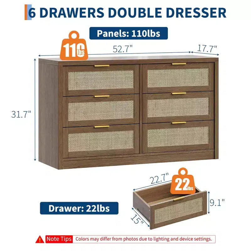 Commode à 6 tiroirs GustoWave pour chambre à coucher, commode en rotin de 133,8 cm de large, en bois avec poignées dorées, meuble TV de style ferme, table d'entrée, chiffonnier