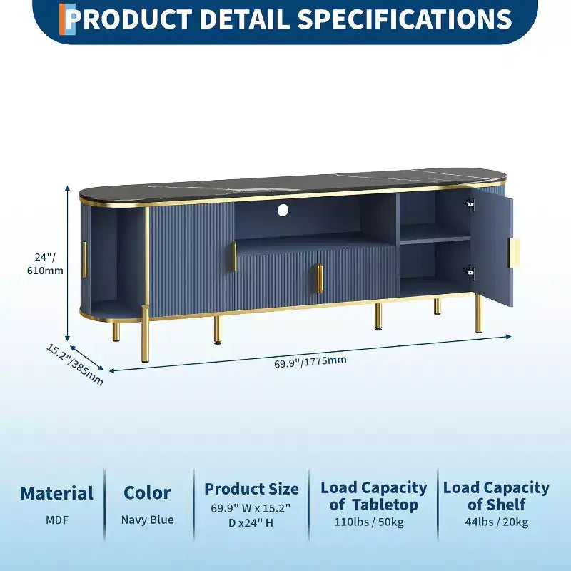 Meuble TV cannelé COZONY de 178 cm pour téléviseurs jusqu'à 80 pouces, console multimédia avec plateau en faux marbre et portes coulissantes