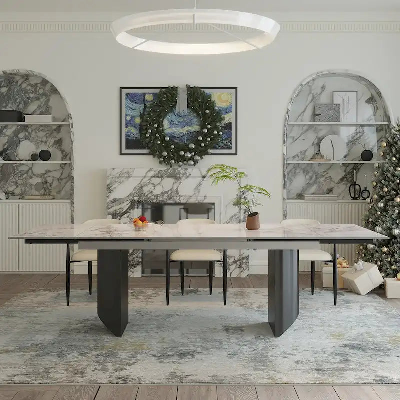 Ensemble de salle à manger extensible moderne et minimaliste 9 pièces 94.48 avec plateau en pierre frittée et double piédestal, avec 8 chaises en tissu