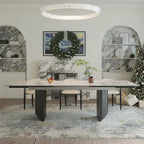 Ensemble de salle à manger extensible moderne et minimaliste 9 pièces 94.48 avec plateau en pierre frittée et double piédestal, avec 8 chaises en tissu