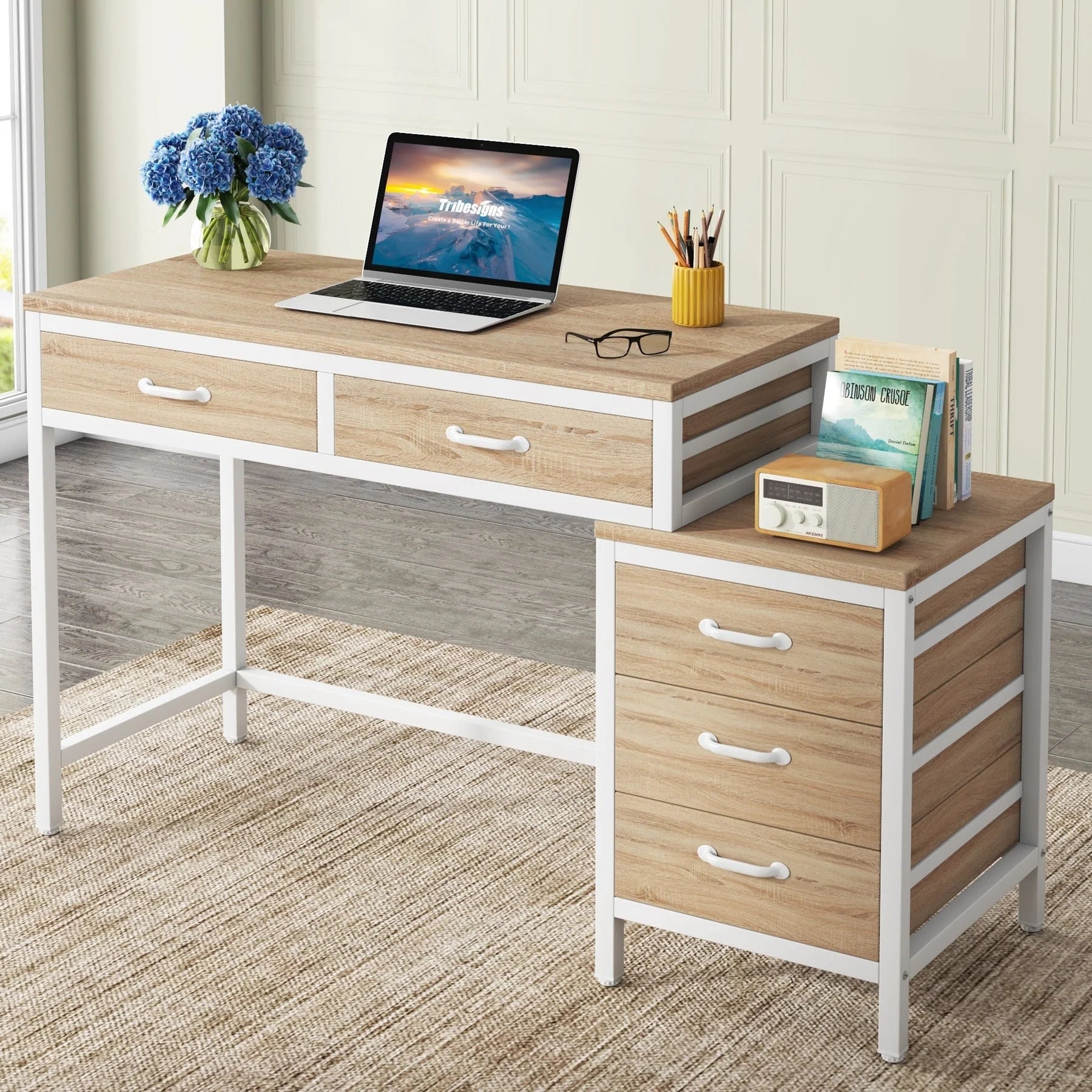 Bureau réversible avec 5 tiroirs, Bureau d'ordinateur de maison avec tiroir classeur et support d'imprimante