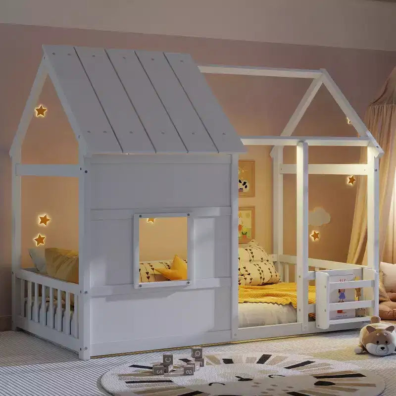 Cadre de lit au sol Whisen Twin Size, lit en forme de maison avec toit, clôture