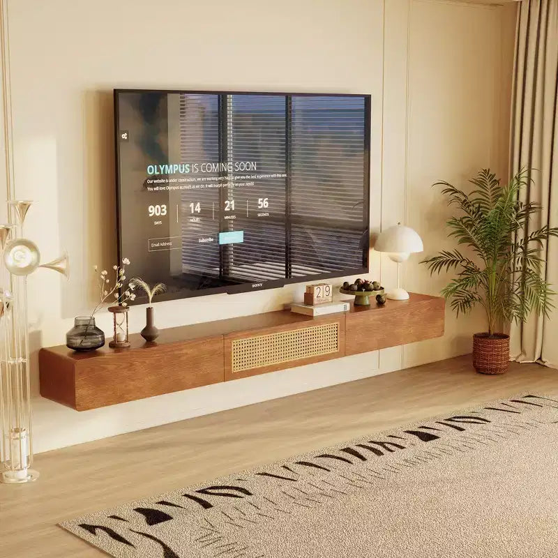 Meuble TV flottant mural Luck Live Mid-Century Modern 200 cm avec portes et tiroirs en rotin