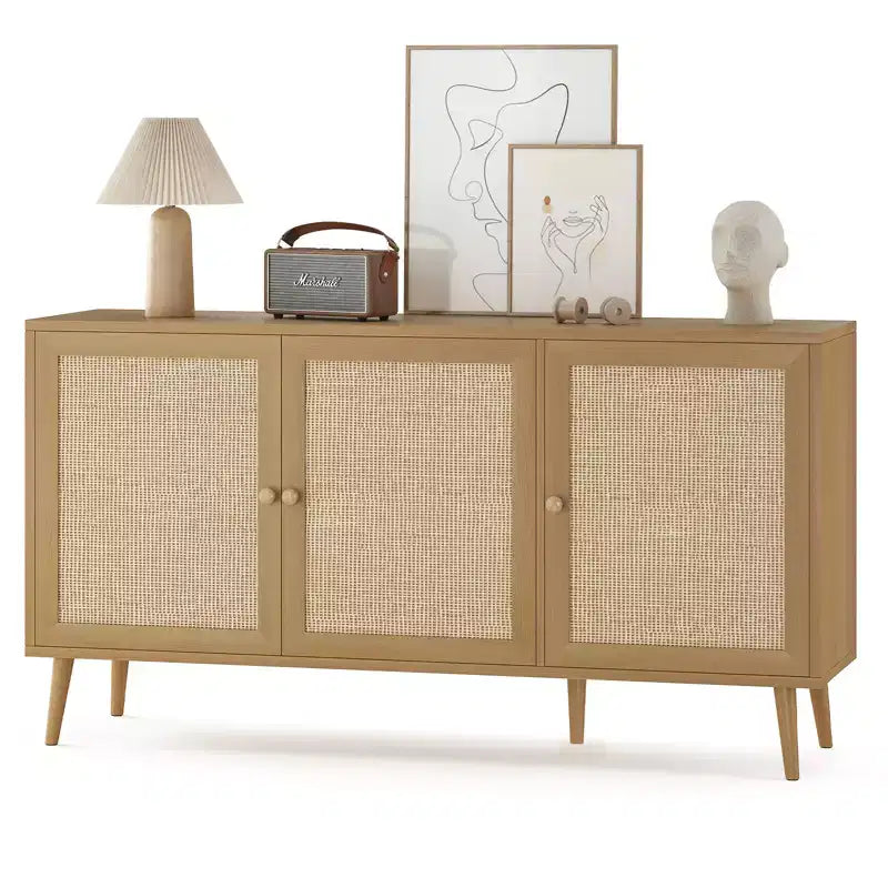 JVNOXK Buffet 18 pouces avec 3 Portes en Rotin, Console de Rangement de Cuisine Moderne, Adapté pour l'Entrée et le Salon, Finition Naturelle