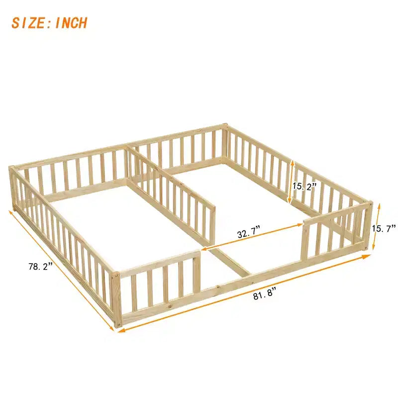 Lit double Bellemave avec barrières de sécurité, en pin et bois composite, naturel et gris, sûr, robuste, peu encombrant, assemblage facile pour enfants