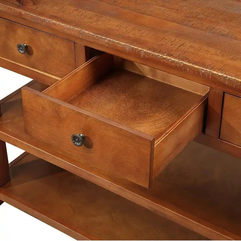 Console en bois avec 3 tiroirs de rangement et 2 étagères