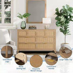 Commode à 6 tiroirs en rotin, poignées en métal, pieds en bois, style bohème et ferme, rangement chêne pour chambre, salon, couloir, entrée
