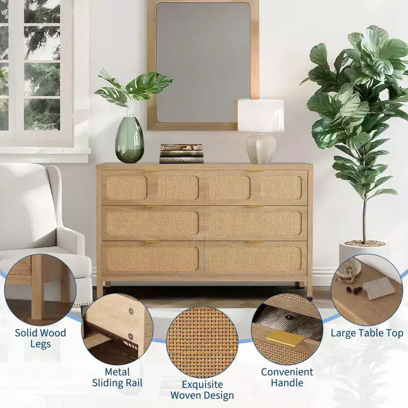 Commode à 6 tiroirs en rotin, poignées en métal, pieds en bois, style bohème et ferme, rangement chêne pour chambre, salon, couloir, entrée