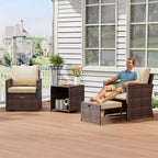 Salon de jardin 5 pièces en résine tressée – 2 fauteuils de salon avec poufs, table basse et coussins pour véranda, balcon ou terrasse