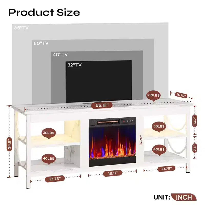 Meuble TV Pinmoco de 55 pouces avec cheminée électrique, centre de divertissement de jeu avec lumières LED et étagères, convient aux téléviseurs jusqu'à 65 pouces
