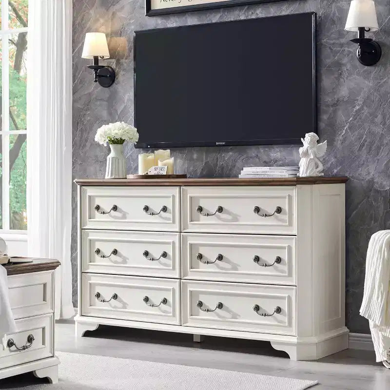 Commode à 6 tiroirs SinCiDo pour chambre à coucher, commode rustique en bois de style ferme, commode vintage de 54 po de largeur pour salon