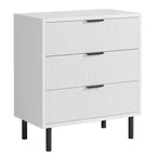 Commode, Meuble à tiroirs – 29,9 po 3 tiroirs cannelés avec pieds en métal et dispositif anti-basculement, rangement blanc pour chambre à coucher, entrée