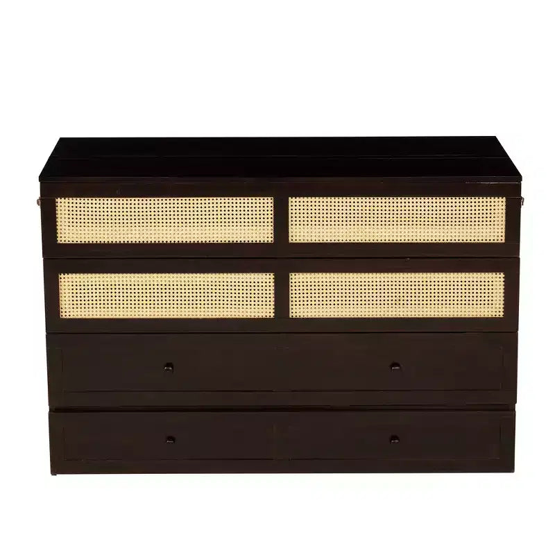 Lit escamotable Whisen Queen Size en pin avec décoration en rotin et tiroir de rangement