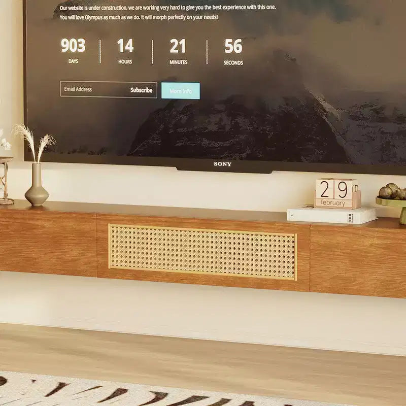 Meuble TV flottant mural Luck Live Mid-Century Modern 200 cm avec portes et tiroirs en rotin